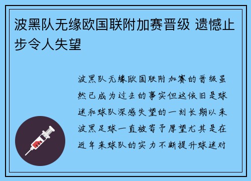 波黑队无缘欧国联附加赛晋级 遗憾止步令人失望